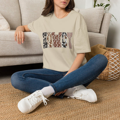 Howdy Graphic Tee — Western Camo Patterned Lettering Shirt