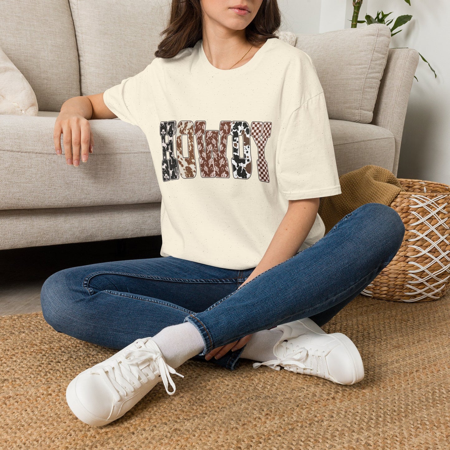 Howdy Graphic Tee — Western Camo Patterned Lettering Shirt