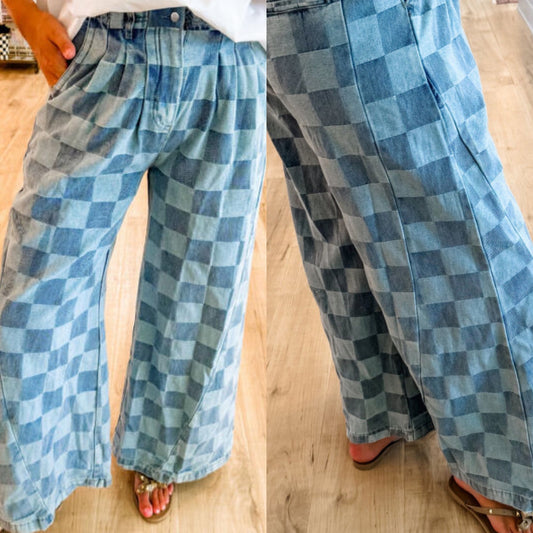 Checkered Wide Leg Pants: Light Denim